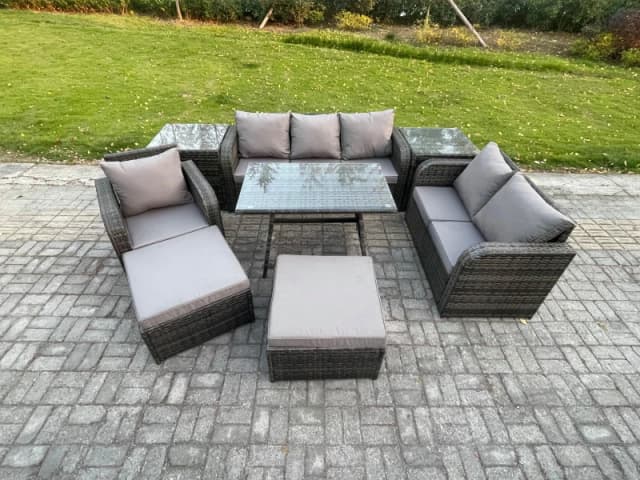 Fimous 8 PCS Outdoor Lounge Sofa Set Wicker PE Rattan Garden Furniture Set with Rectangular Dining Table Armchair 2 Big Footstool 2 Side Tables Dark G