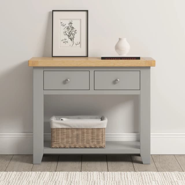 Seconique Windsor 2 Drawer Console Table Pebble Grey With Oak Top Fully Assembled