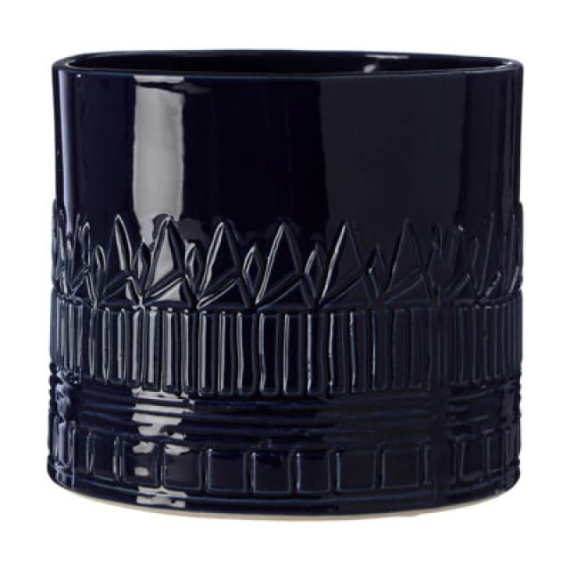 Orsina Small Blue Ceramic Planter With Embossed Pattern And Tribal Design, Modern Indoor Planter For Living Room