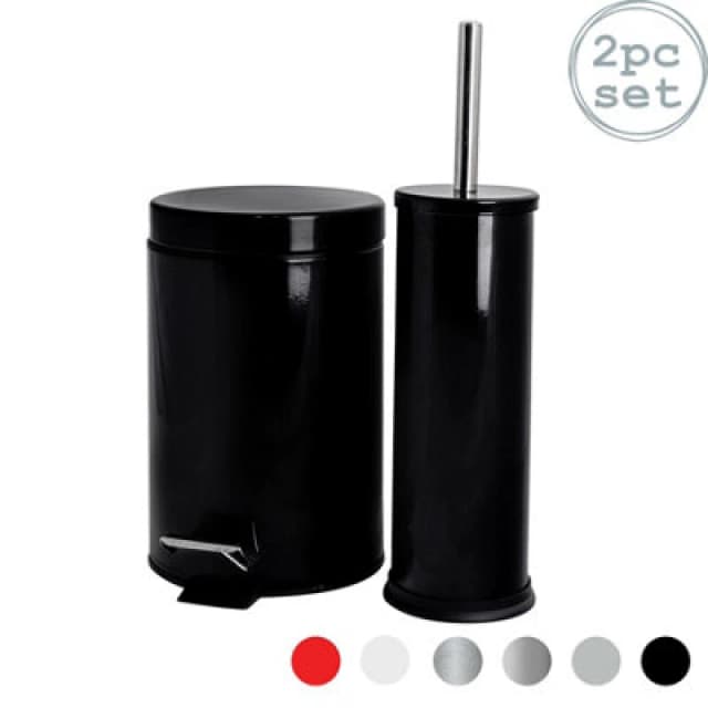 Harbour Housewares Bathroom Bin & Toilet Brush Set - 3L - Black - Round Stainless Steel Slim Trashcan Rubbish Bin & Brush