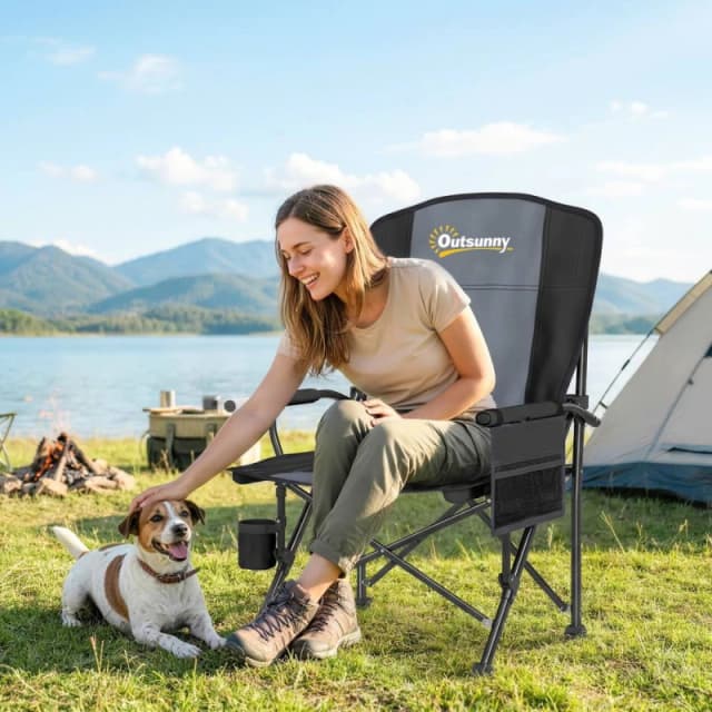 OUTSUNNY Camping Chair Padded with Side Pocket in Black Unisex