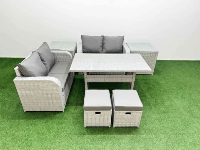 Fimous 6 Seater Outdoor Love Sofa Set Rattan Garden Furniture Set with Rectangular Dining Table 2 Small Stools 2 Side Tables Light Grey Light Grey