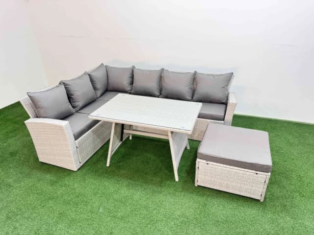 Fimous Garden Outdoor Rattan Furniture Set with Big Footstool 7 Seater in Light Grey Light Grey Unisex