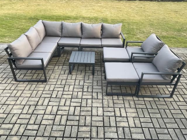 Fimous 10 Seater Outdoor Lounge Corner Sofa Set Aluminum Garden Furniture Sets with Square Coffee Table 2 Chairs 2 Big Footstool Dark Grey Dark Grey U