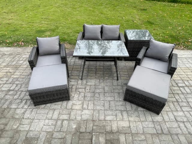 Fimous Rattan Wicker Garden Furniture Patio Conservatory Sofa Set with Rectangular Dining Table Armchair 2 Big Footstool in Dark Grey Dark Grey Unisex