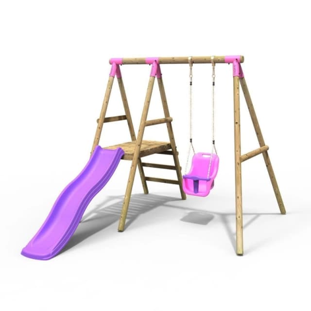 OutdoorToys Rebo Cassini Wooden Garden Swing Set with Baby Swing, Platform & Slide for Kids - Pink Pink Unisex