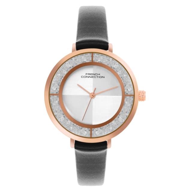 French Connection Rose Case Round Shape Black Strap Quartz Watch Silver female One Size