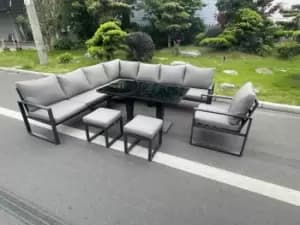 Fimous 8 Seater Outdoor Dark Grey Aluminum Lounge Complete Sofa Set with Adjustable Dining Table Tempered Glass and 2 Stools