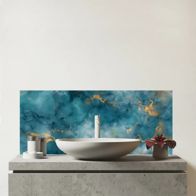 Warren Reed - Designer Gold & Blue Marble Effect Glass Bathroom Splashback in Black Unisex