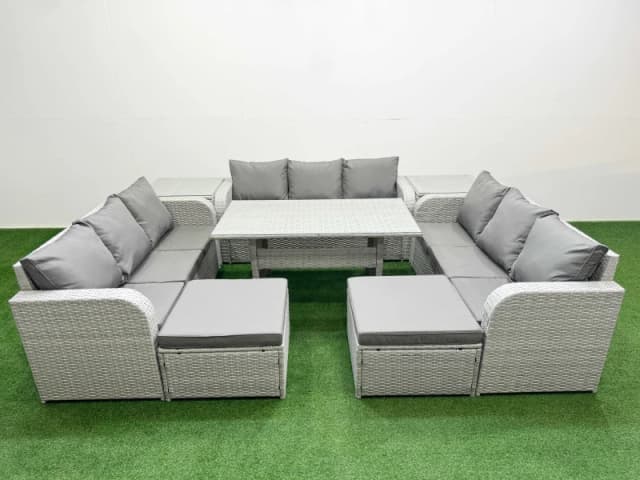 Fimous PE Rattan Lounge Sofa Set 11 Seater Outdoor Garden Furniture Set with Rectangular Dining Table 3 Seater Sofa 2 Big Footstools 2 Side Table Ligh