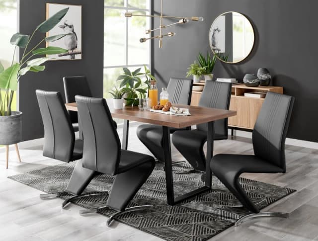 FurnitureboxUK FurnitureboxUK Kylo Large Brown Wood Effect Dining Table & 6 Willow Faux Leather Chairs in Black One Size Unisex 5056657120061