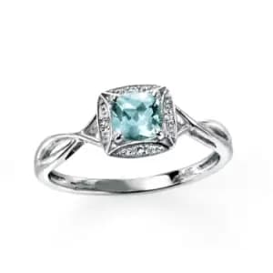 9ct White Gold Ring with Aquamarine and Pave Diamonds
