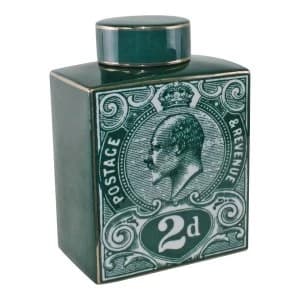 Postage Stamp Decorative Ginger Jar, Teal Green