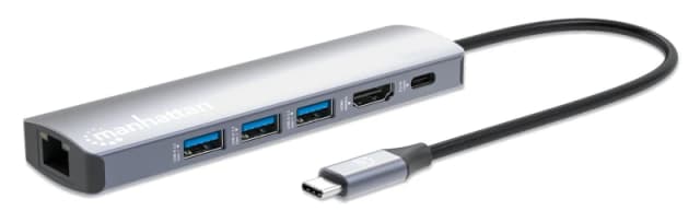 Manhattan Manhattan USB-C Dock/Hub, Ports (x6): Ethernet, HDMI, USB-A (x3) and USB-C, With Power Delivery (100W) to USB-C Port (Note additional USB-C