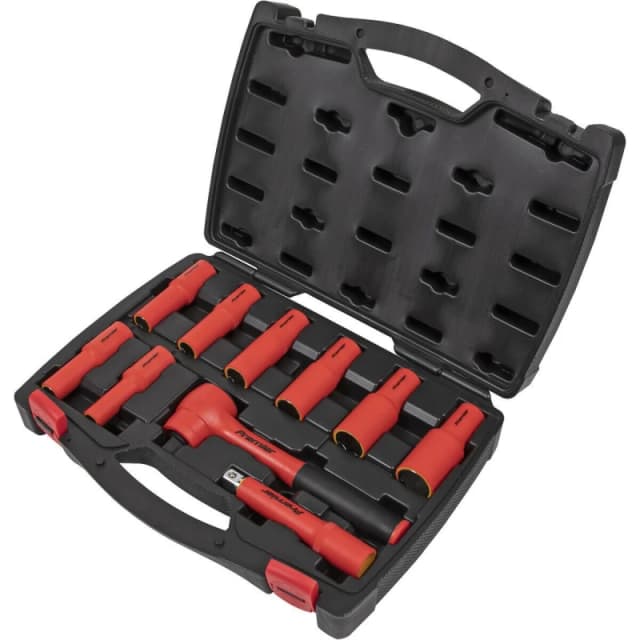 Loops 10pc VDE Insulated Socket & Ratchet Handle Set -1/2" Square Drive 6 Point Metric Multi