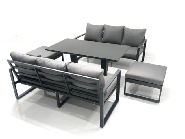 Fimous 8 Seater Aluminium Outdoor Garden Furniture Set with Adjustable Rising Lifting Dining Table 3 Seater Sofa 2 Big Footstool Dark Grey Dark Grey U