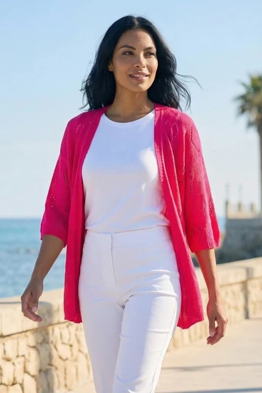 Roman Womens Pointelle Heart Knit Cardigan in Pink Size: Small Pink Female S