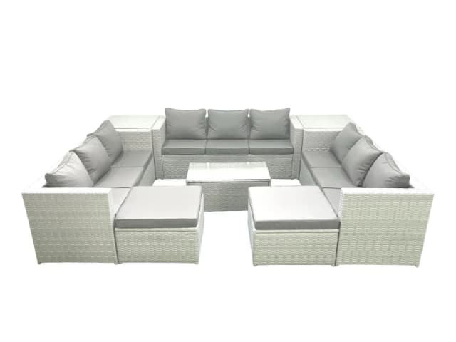 Fimous Rattan Garden Outdoor Furniture Set 11 Seater Garden Sofa Coffee Table Set with 2 Big Footstools 2 Side Tables Light Grey Mixed Light Grey
