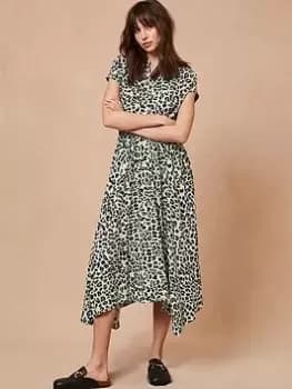 Mint Velvet Alison Animal Print Shirt Hanky Hem Midi Dress, Khaki, Size 10, Women