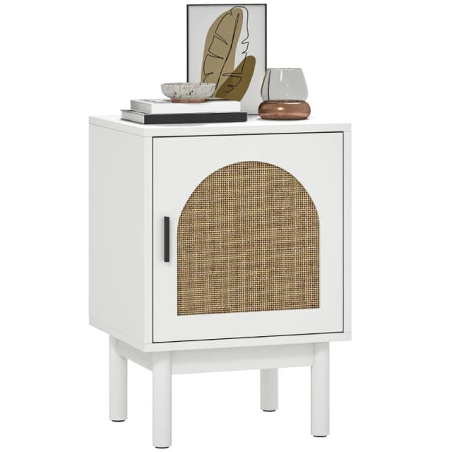HOMCOM HOMCOM Rattan Bedside Table with Adjustable Shelf and Solid Wood Legs in White White One Size Unisex 5063603159075