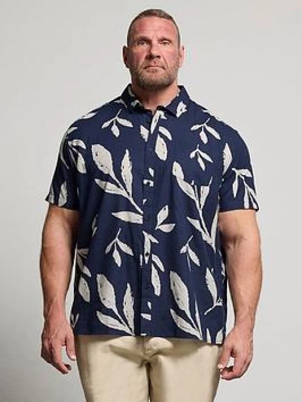 BadRhino BadRhino Men Palm Leaf Linen Shirt in Dark Navy Size: 7-8X-Large Dark Navy 7-8XL Male 5063589027757