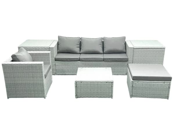 Fimous Garden Outdoor Furniture Set 5 Seater Rattan Sofa Set with Big Footstool Armchair 2 Side Tables Light Grey Mixed Light Grey