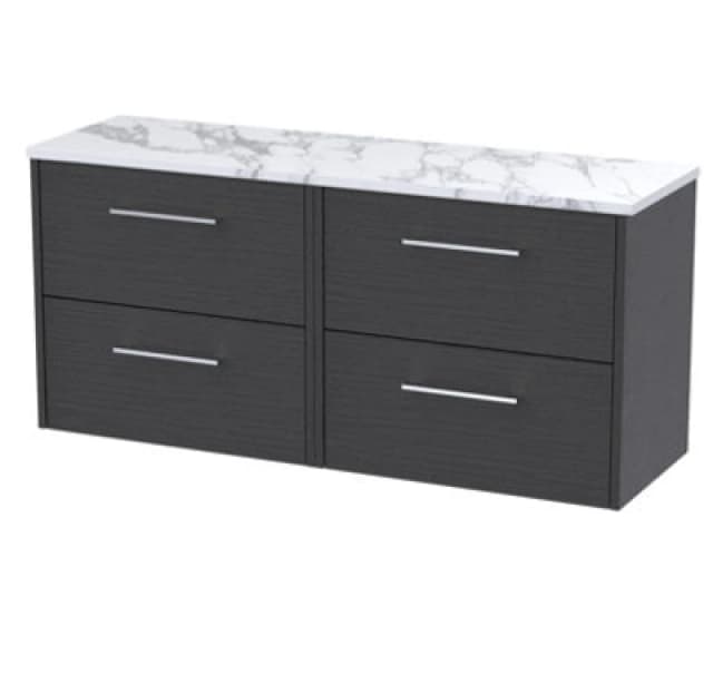 Nuie Hudson Reed Juno Wall Hung 4-Drawer Vanity & Carrera Marble Worktop, Countertop Basin Unit In Graphite Grey Woodgrain, 1200mm