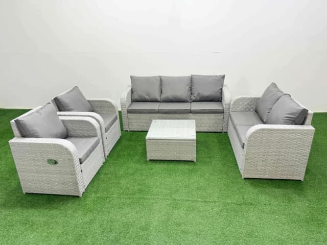 Fimous PE Rattan Garden Furniture Set Adjustable Chair Sofa Double Love Seat 2 Seater Sofa Lounge Set Square Coffee Table Light Grey Light Grey