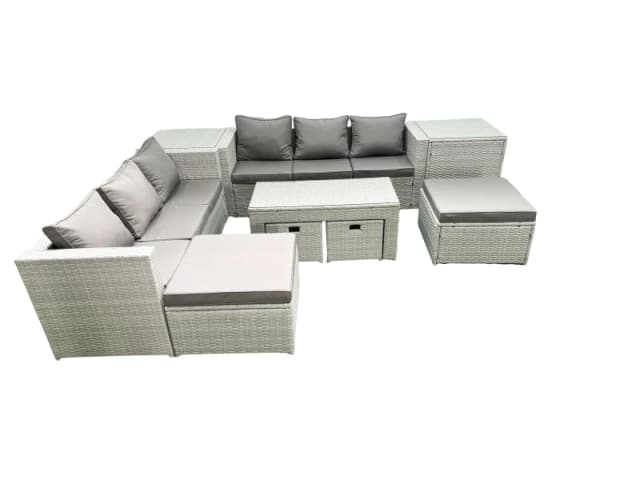Fimous Outdoor Rattan Garden Furniture Set with Grey Cushions Luxury 10 Seater with Coffee Table and 2 Side Tables For Conservatory,Patio Light Grey