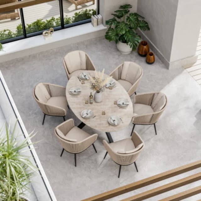Royalcraft Bali 200Cm Oval Ceramic Table With 6 Bali Rope Chairs