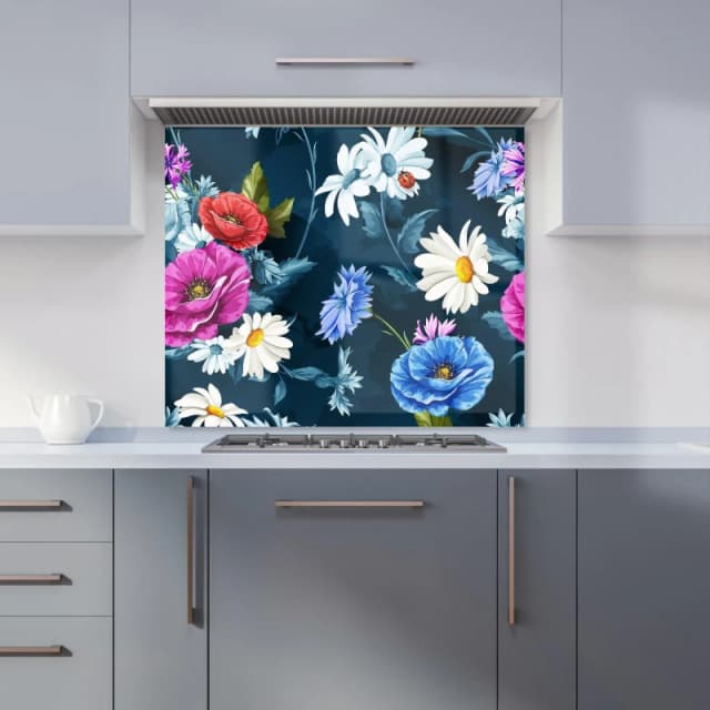 Warren Reed - Designer Polish Folk Floral Kitchen Splashback in Blue Size: 600mm x 750mm Blue Unisex 600mm x 750mm