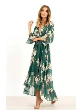 Yumi Urban Green Floral Print Kimono Midi Wrap Dress