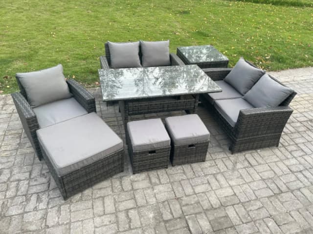 Fimous 8 Seater Outdoor Garden Dining Set Wicker PE Rattan Furniture Sofa with Dining Table Double Seat Sofa Side Table 3 Footstools in Dark Grey Dark