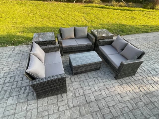 Fimous Dark Grey 6 Seater Outdoor Rattan Garden Furniture Set Patio Love Sofa Rectangular Coffee Table Set with 2 Side Tables Dark Grey Unisex