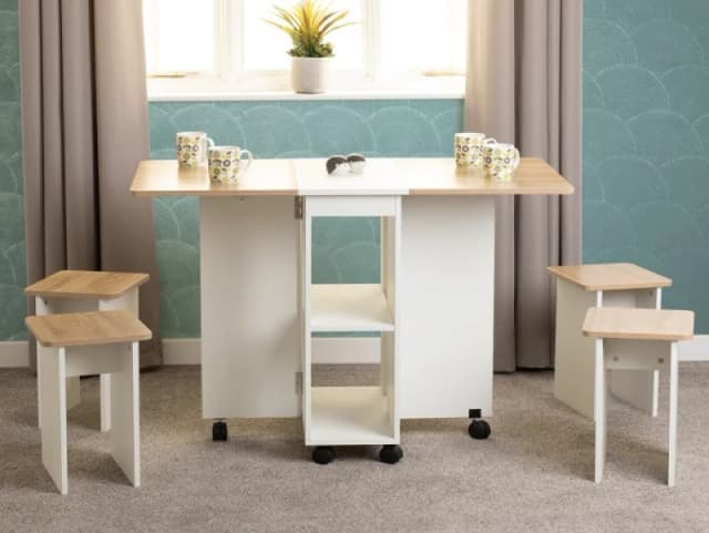 Seconique Seymore Stowaway White and Oak Dining Table and 4 Stools