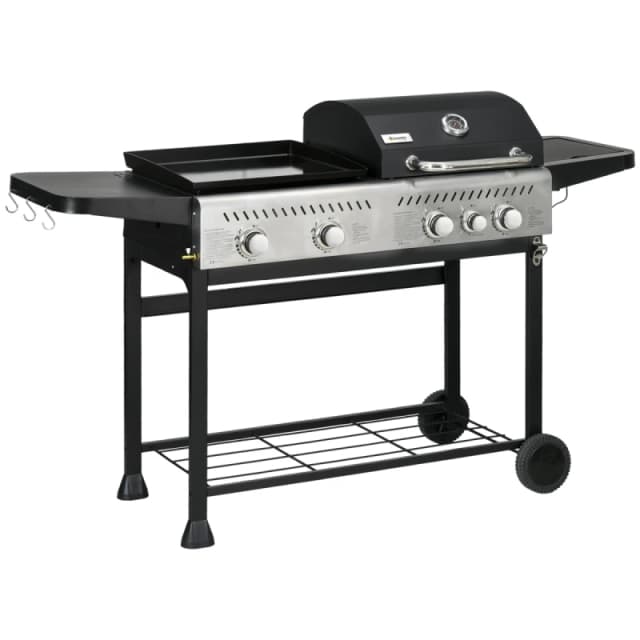 Outsunny Outsunny Gas Grill and Plancha with 15 kW 4+1 Burners for Garden Party Festival - Black