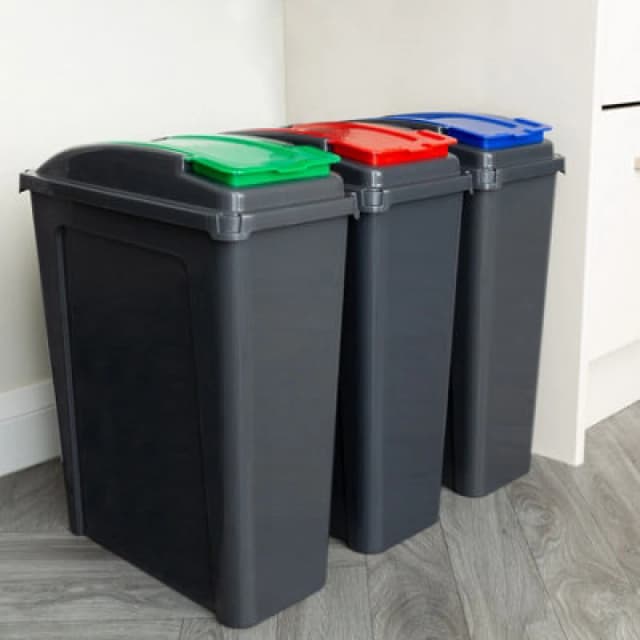 Wham 3 Piece 25L Plastic Recycle Bin Graphite/assorted (Red/blue/green Lids)