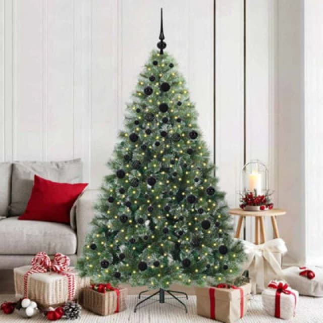 vidaXL Artificial Christmas Tree with 300 LEDs and Black Balls Snow Flocked Green 180cm PE and PVC, Green 3397849
