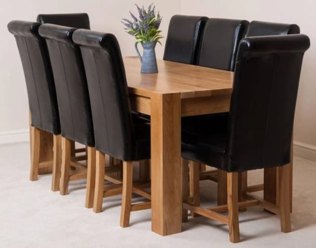 Thats Furniture Kuba 180 x 90cm Chunky Oak Dining Table & 8 Washington Leather Chairs in Black Unisex 180 x 90 cm