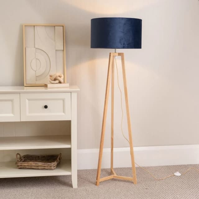 ValueLights Lottie Natural Wood Tripod Floor Lamp with Velvet Drum Shade Blue