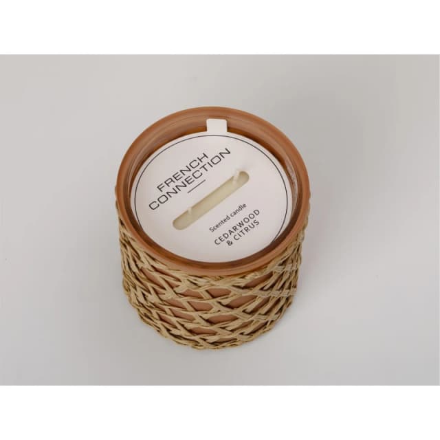 French Connection French Connection Cedarwood & Citrus Scented Jar Candle with Woven Rattan - Luxury Gift in Beige Size: Large Beige Large Unisex 50