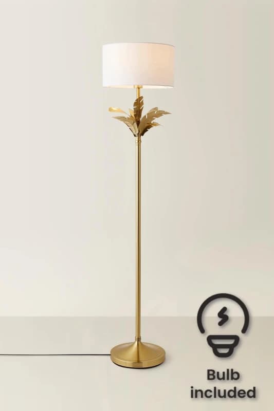 ValueLights ValueLights Christina Fabric Drum Shade Gold Palm Leaf Detail Stem Floor Lamp with LED Bulb in White White One Size Unisex 5059406067365