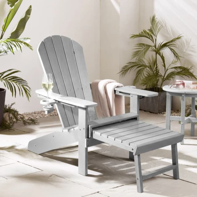 Vonhaus Grey Adirondack Chair & Folding Foot Stool, Water Resistant Hdpe Garden Chair & Lounger With Foldable & Sliding Foot Rest