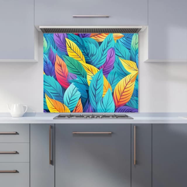 Warren Reed - Designer Bright Colourful Leaves Kitchen Splashback in Blue Size: 600mm x 750mm Blue Unisex 600mm x 750mm