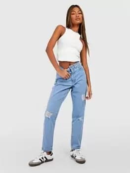 Boohoo High Rise Distressed Mom Jeans - Light Wash, Blue, Size 10, Women