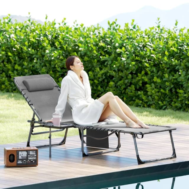 Outsunny Folding Sun Lounger with 5-Level Reclining Back, Side Table, Grey 84G-721V00GY