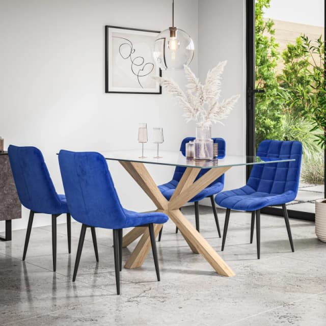 More4Homes Etta Glass Dining Table And Chairs - Glass Top W Solid Oak Legs + Nova Velvet Dining Chair Set Of 4 (Blue)