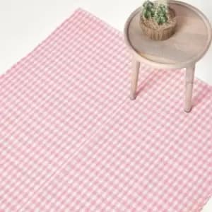 Cotton Gingham Check Rug Hand Woven Pink White, 60 x 90cm - Pink - Homescapes