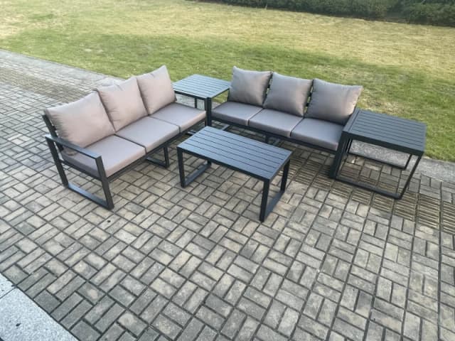 Fimous Aluminium 5 Pieces Outdoor Garden Furniture Lounge Sofa Set with Oblong Coffee Table 2 Side Tables Dark Grey Dark Grey Unisex