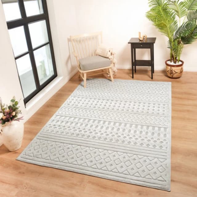Livabliss In- & Outdoor 3D High & Low Pile Textured White Haruka Area Rug 160 X 220 Cm - Easy To Clean, Perfect For Balcony Or Dining Room